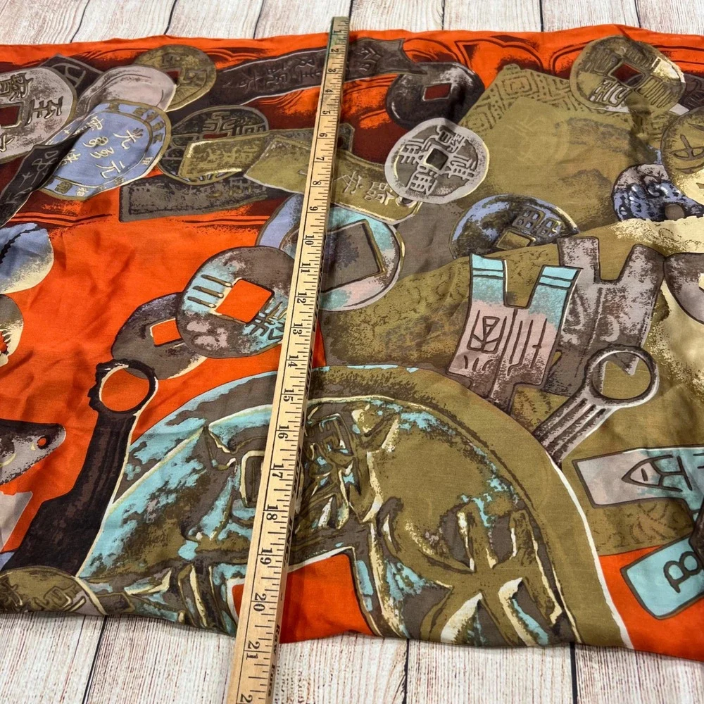 Tongyu 100% Silk Scarf Orange Ancient Chinese Coin Print Square Hand Rolled 21in